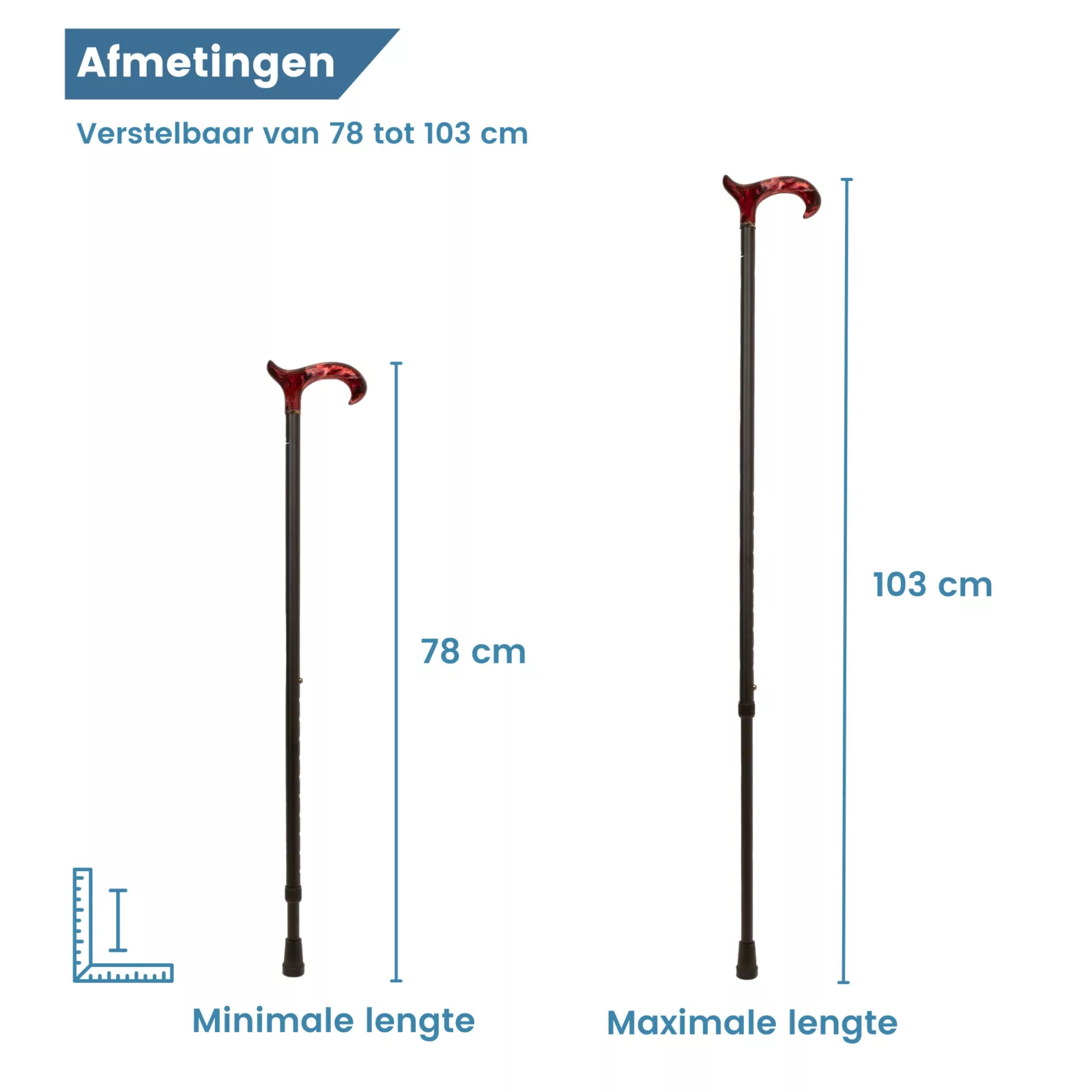 afmetingen wandelstok uitschuifbaar zwart met rood handvat