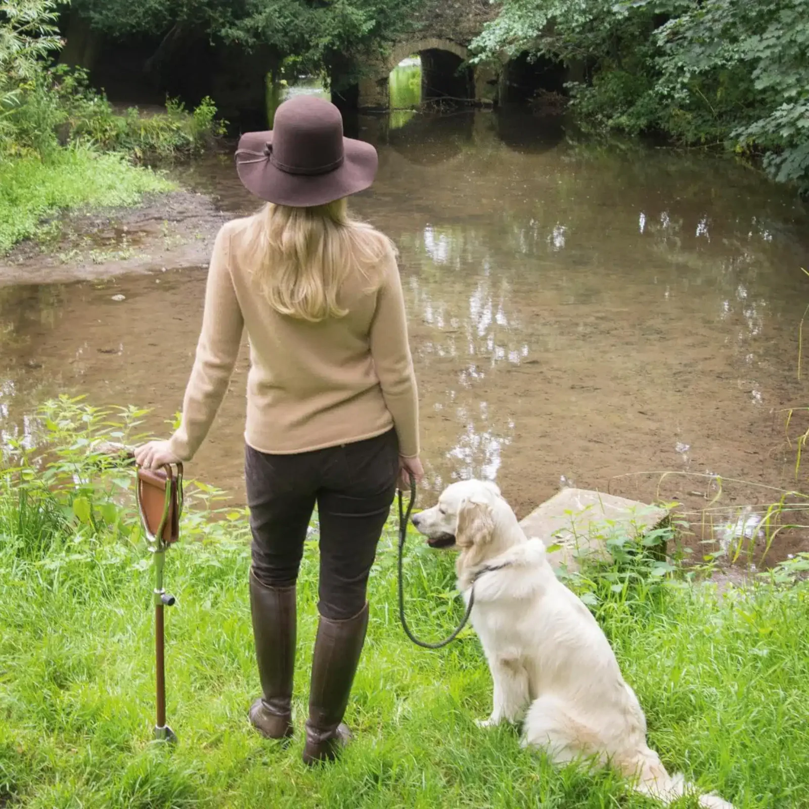 wandelstok met zitje leer bruin
