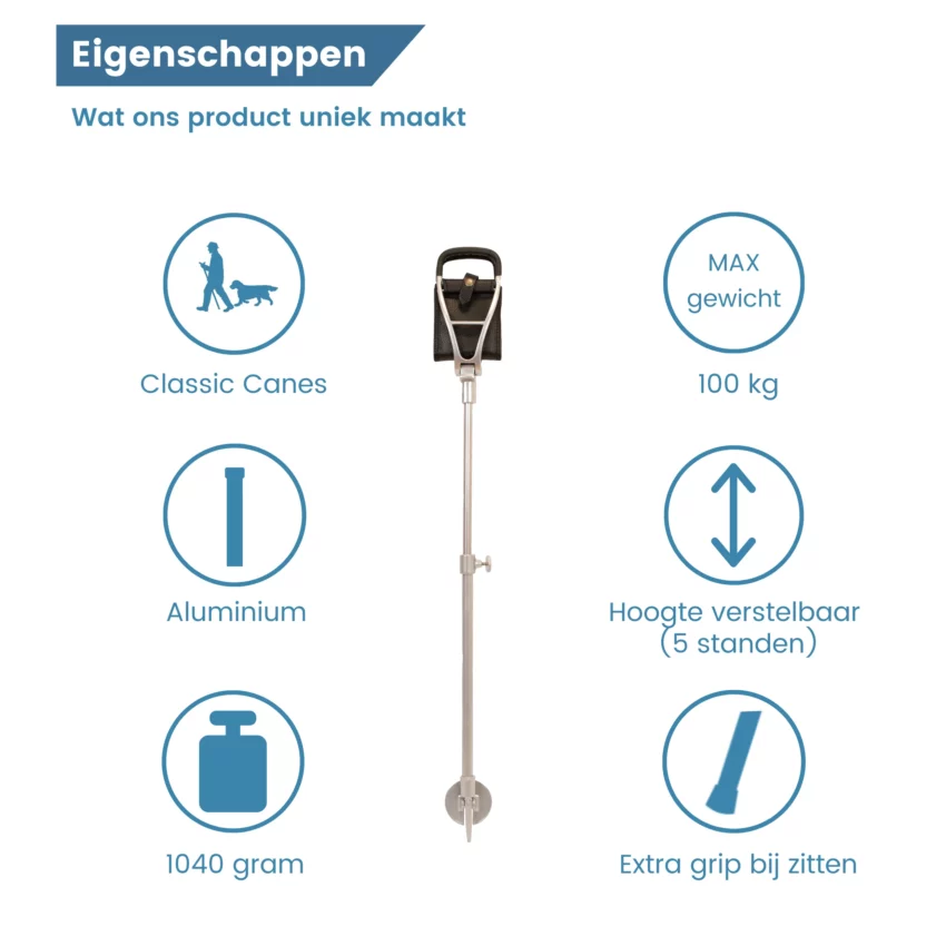 eigenschappen wandelstok met zitje polo zwart
