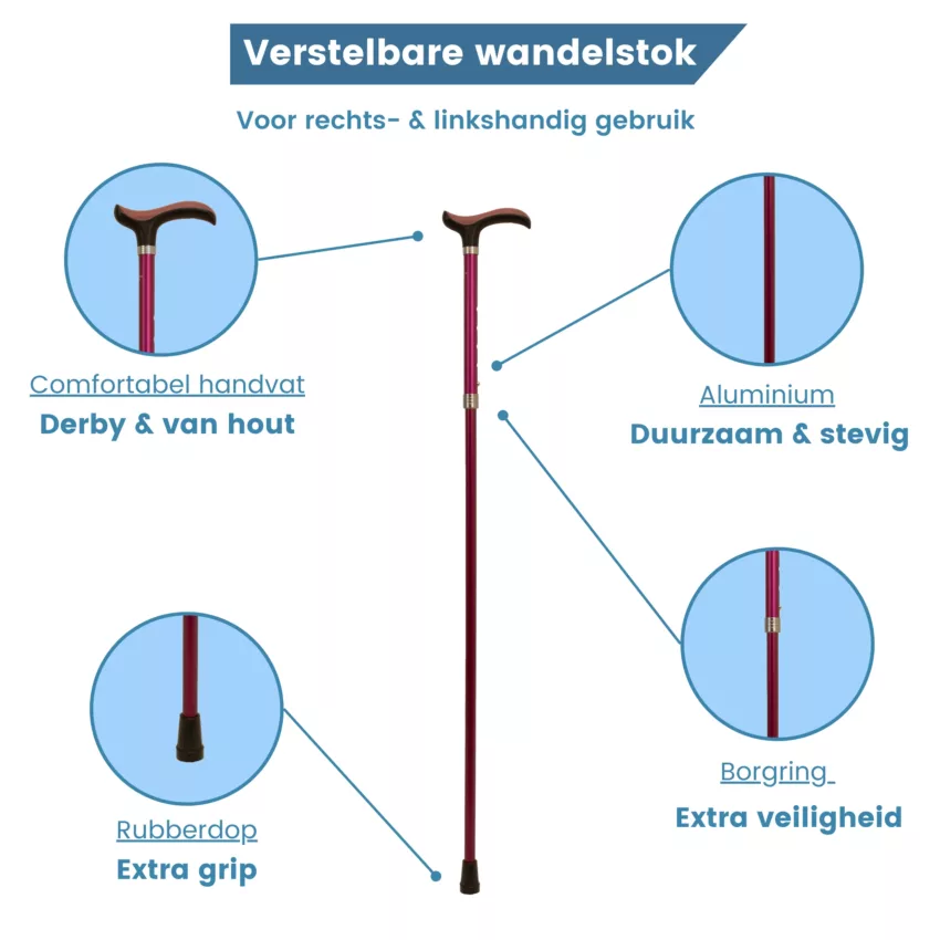eigenschappen uitschuifbare wandelstok bordeauxrood zacht handvat