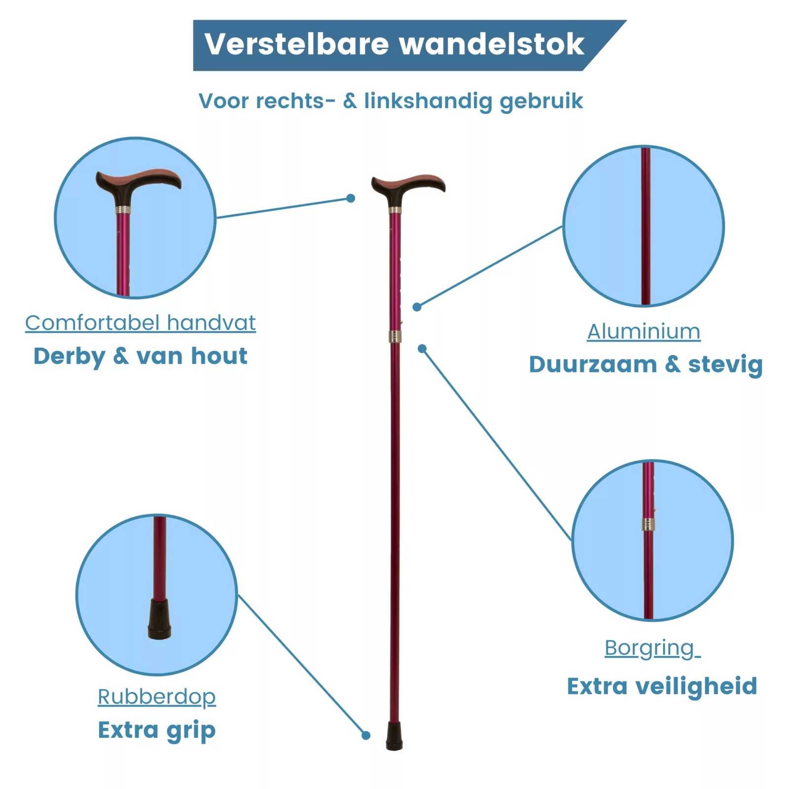 eigenschappen uitschuifbare wandelstok bordeauxrood zacht handvat