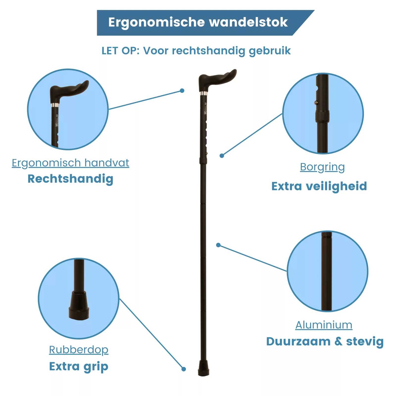 eigenschappen ergonomische wandelstok zwart rechts handvat usp