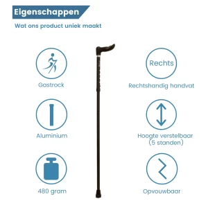 eigenschappen ergonomische wandelstok zwart rechts handvat