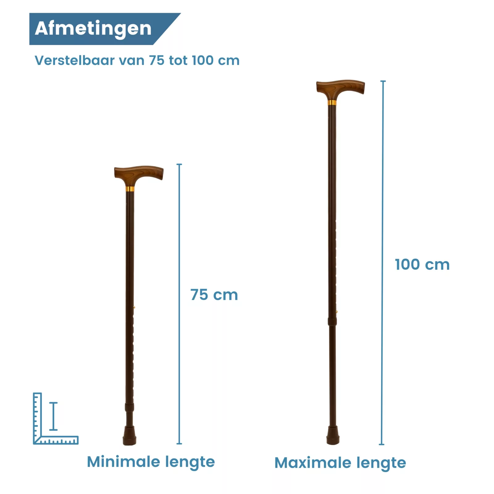 afmetingen verstelbare wandelstok brons Fritz handvat