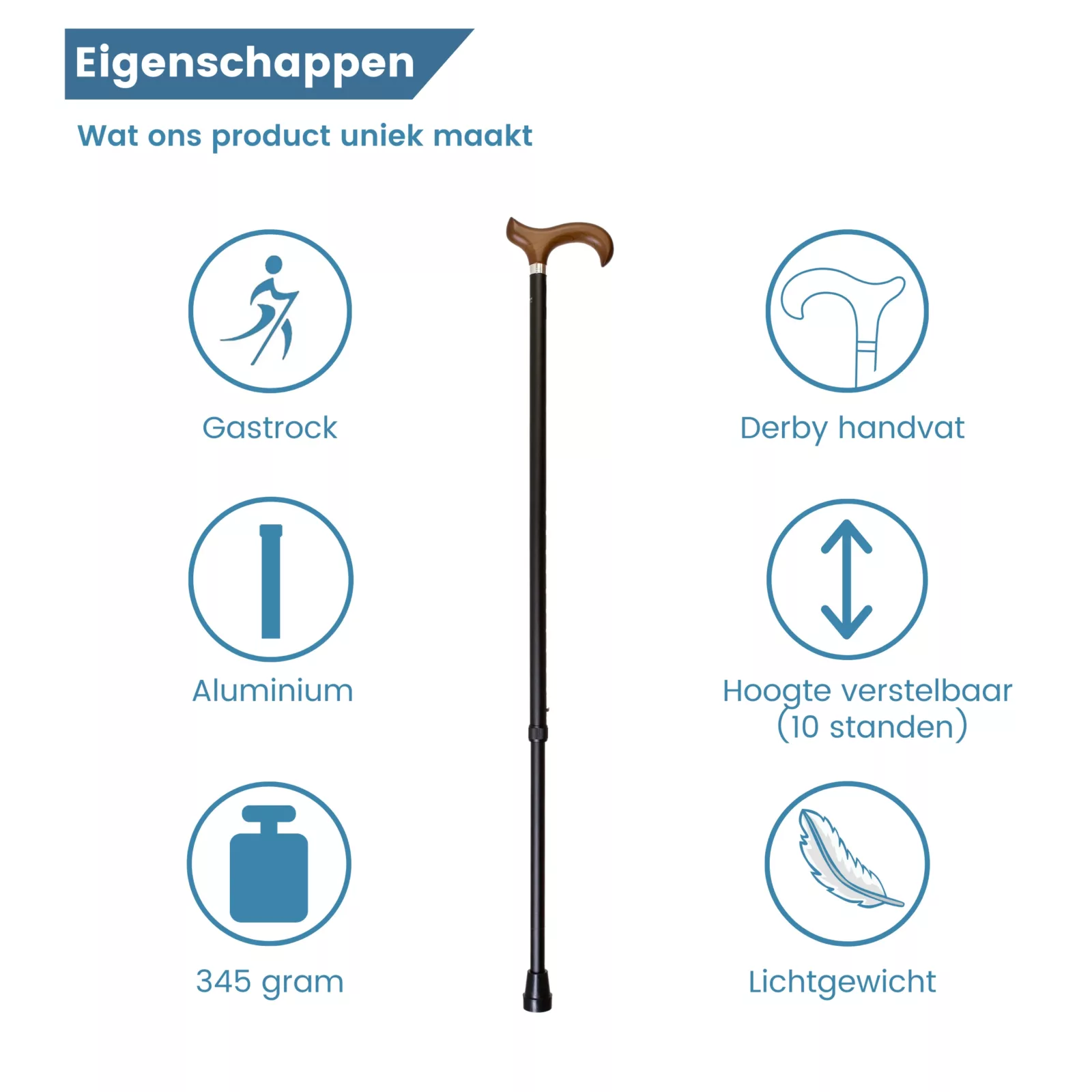 gastrock wandelstok verstelbaar zwart derby handvat eigenschappen