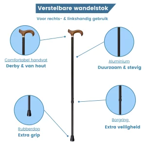 gastrock wandelstok verstelbaar zwart derby handvat usb