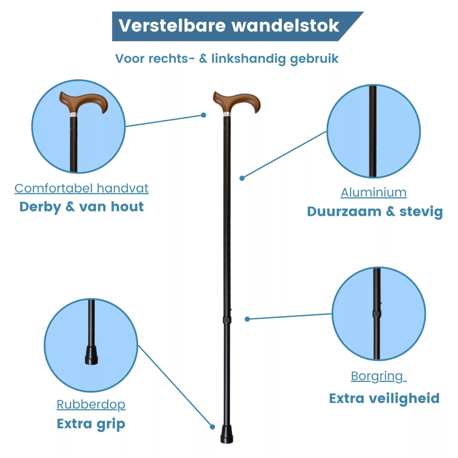 gastrock wandelstok verstelbaar zwart derby handvat usb