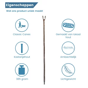 jachtstok kastanjehout met schors duimgrip eigenschappen