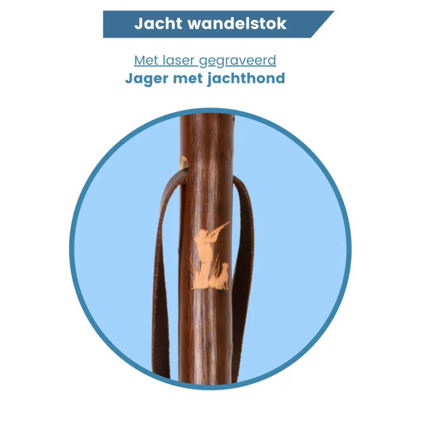 kastanjehout jachtstok schietende man met hond gegraveerd