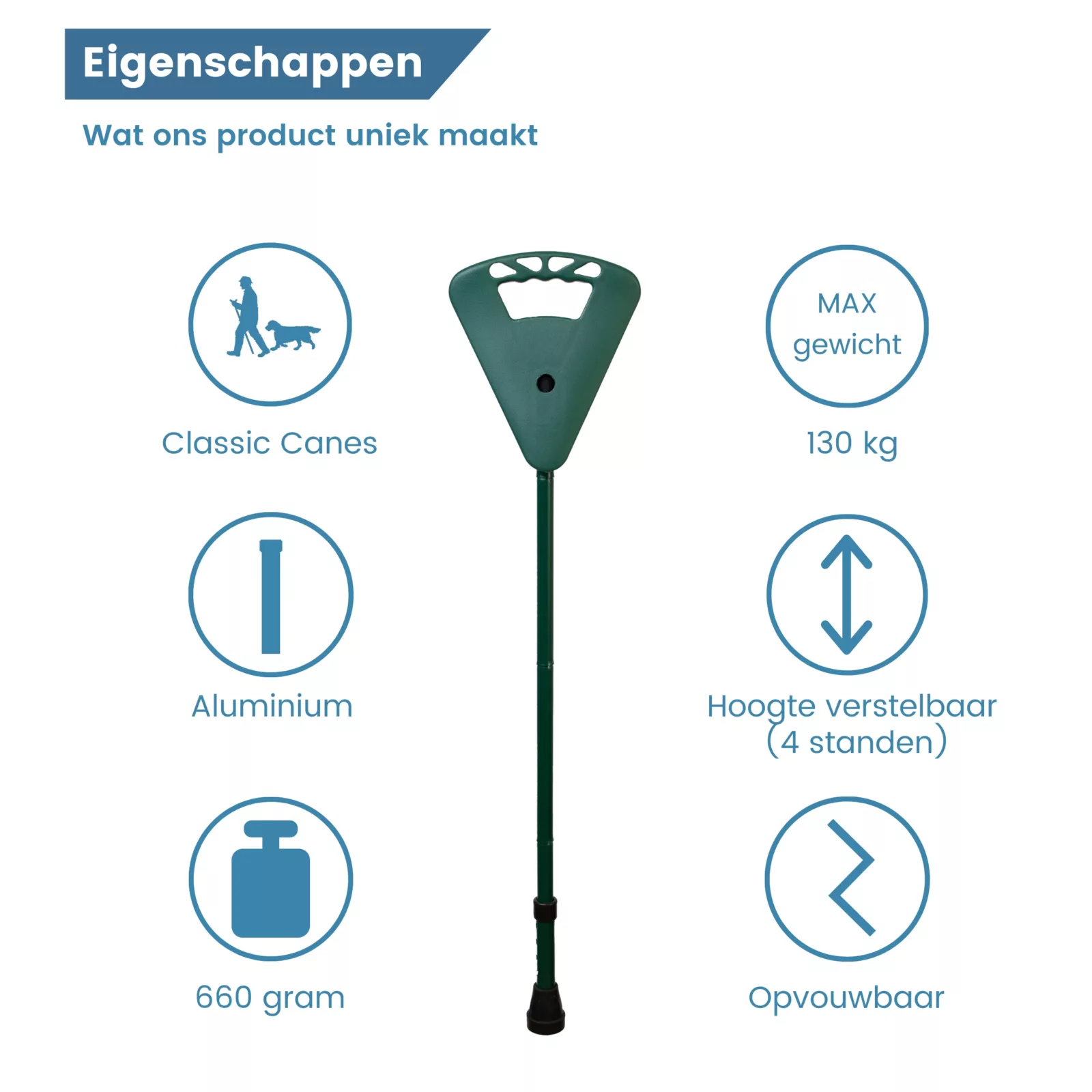 eigenschappen opvouwbare wandelstok met zitje groen eigenschappen