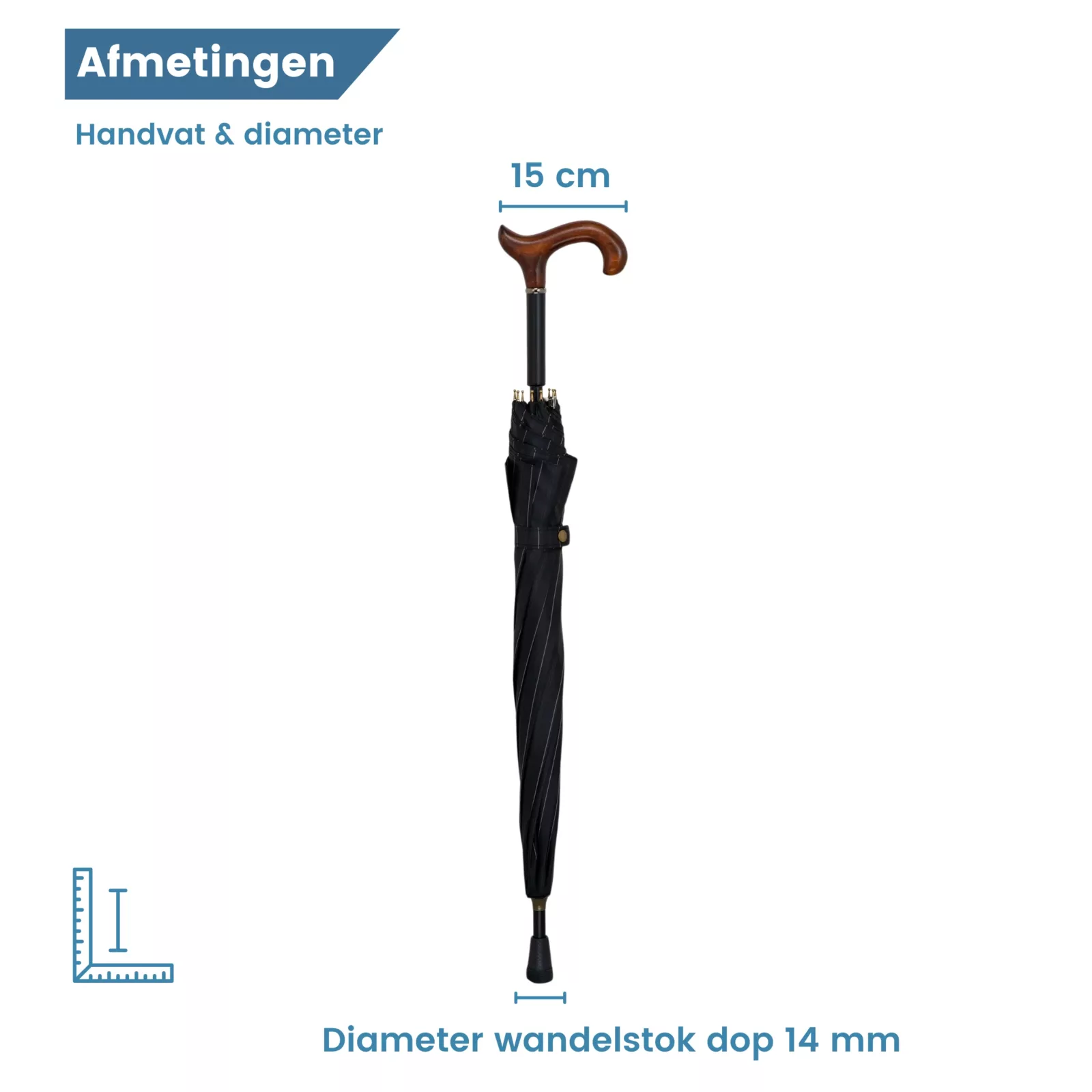 wandelstok paraplu 78 cm lang derby handvat afmetingen