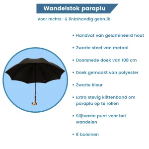 paraplu wandelstok 92 cm lang zwart derby handvat opsomming