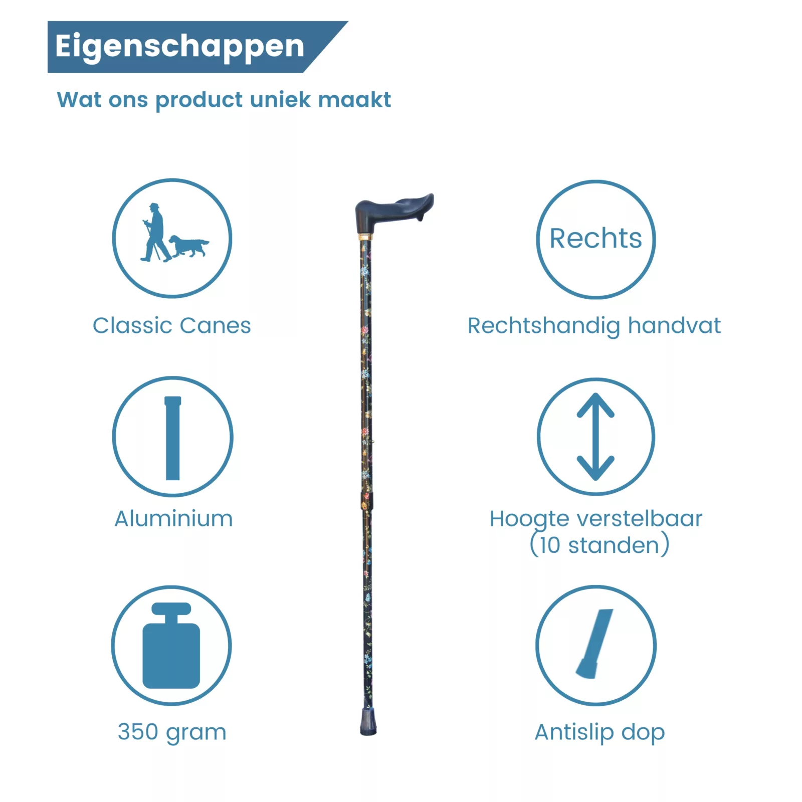 eigenschappen wandelstok rechts handig handvat