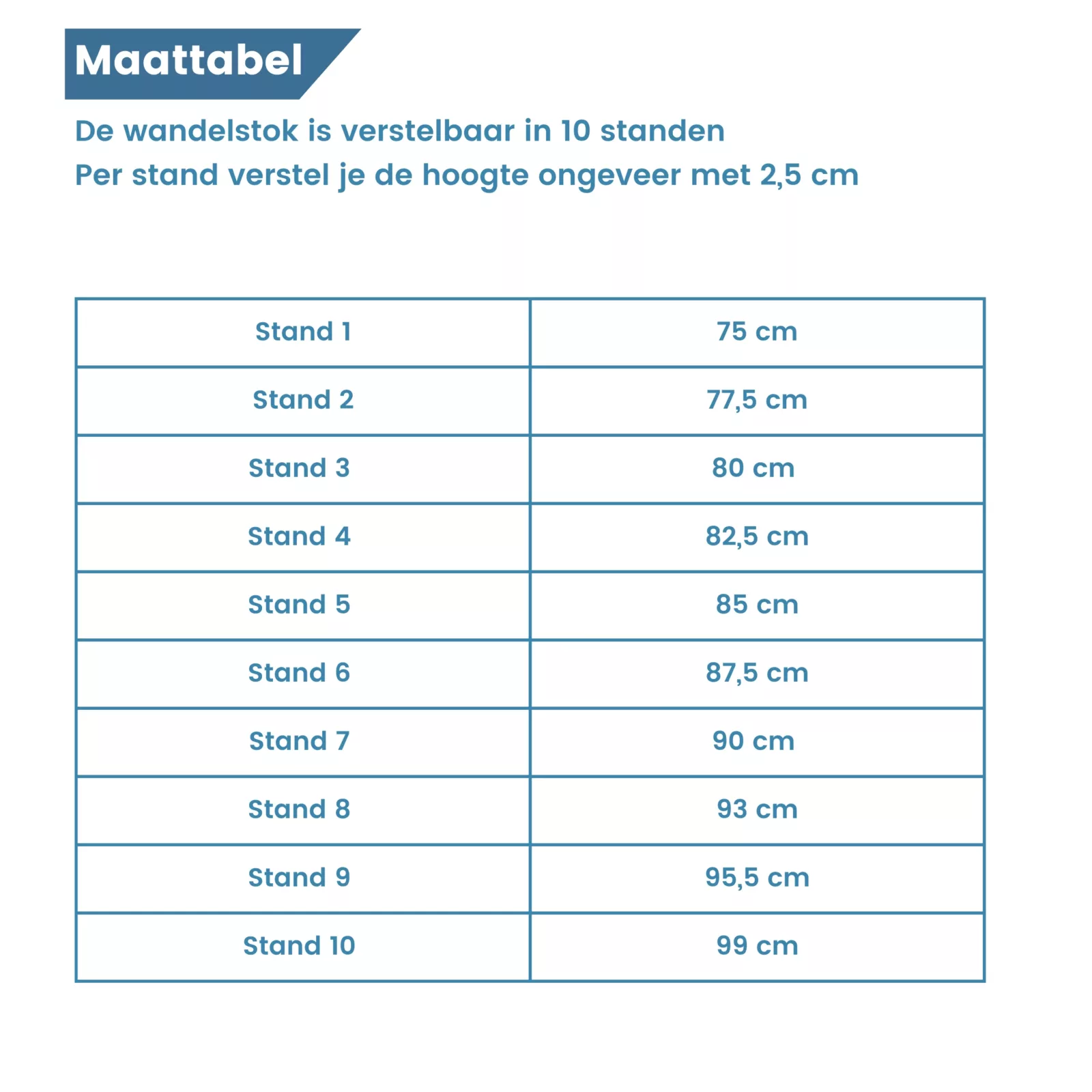 maattabel verstelbaar in 10 hoogte