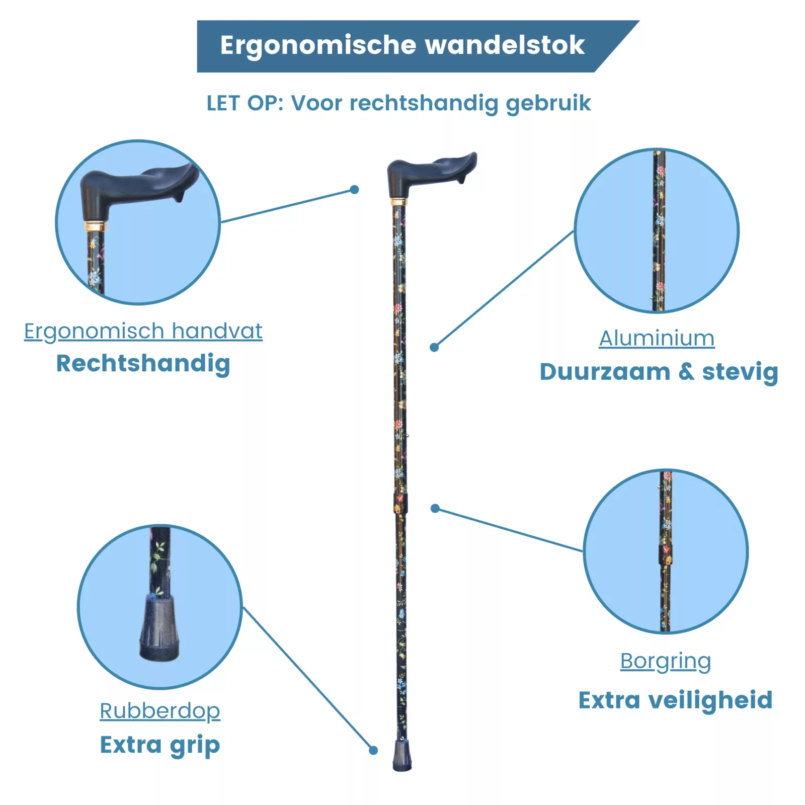 ergonomische wandelstok zwart met bloemen en rechts handvat