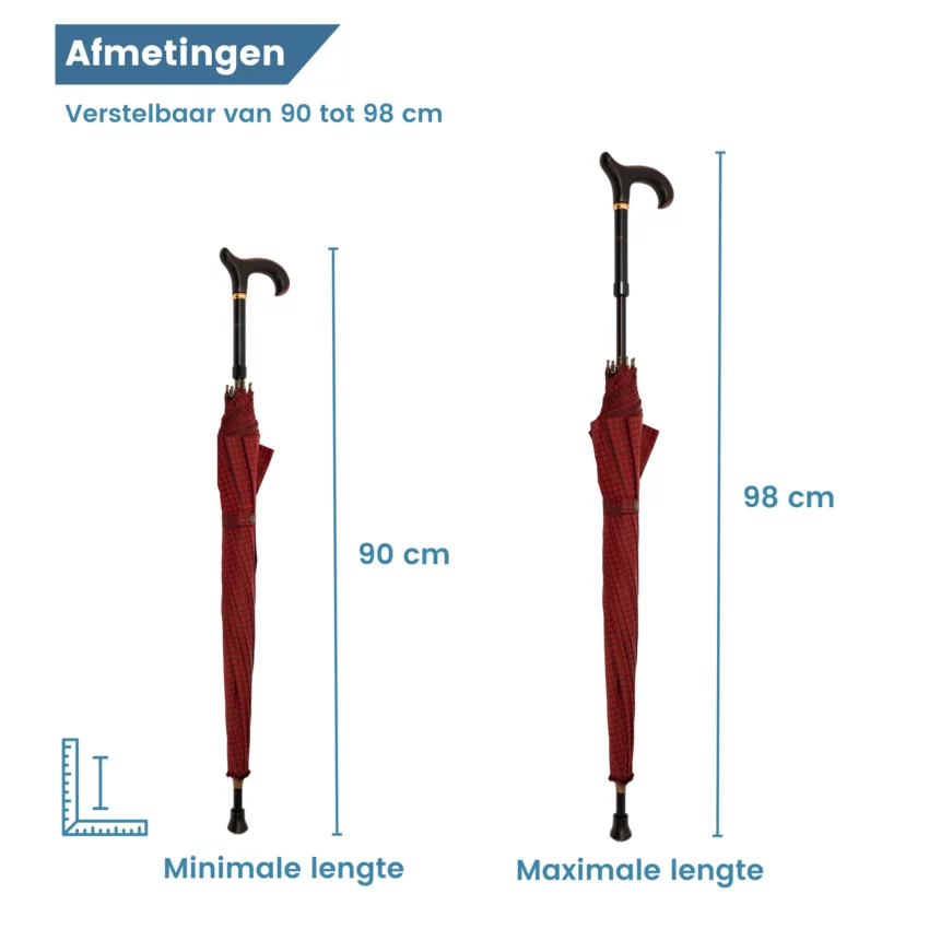 afmetingen verstelbare wandelstok paraplu Italiaanse satijnen stof rood