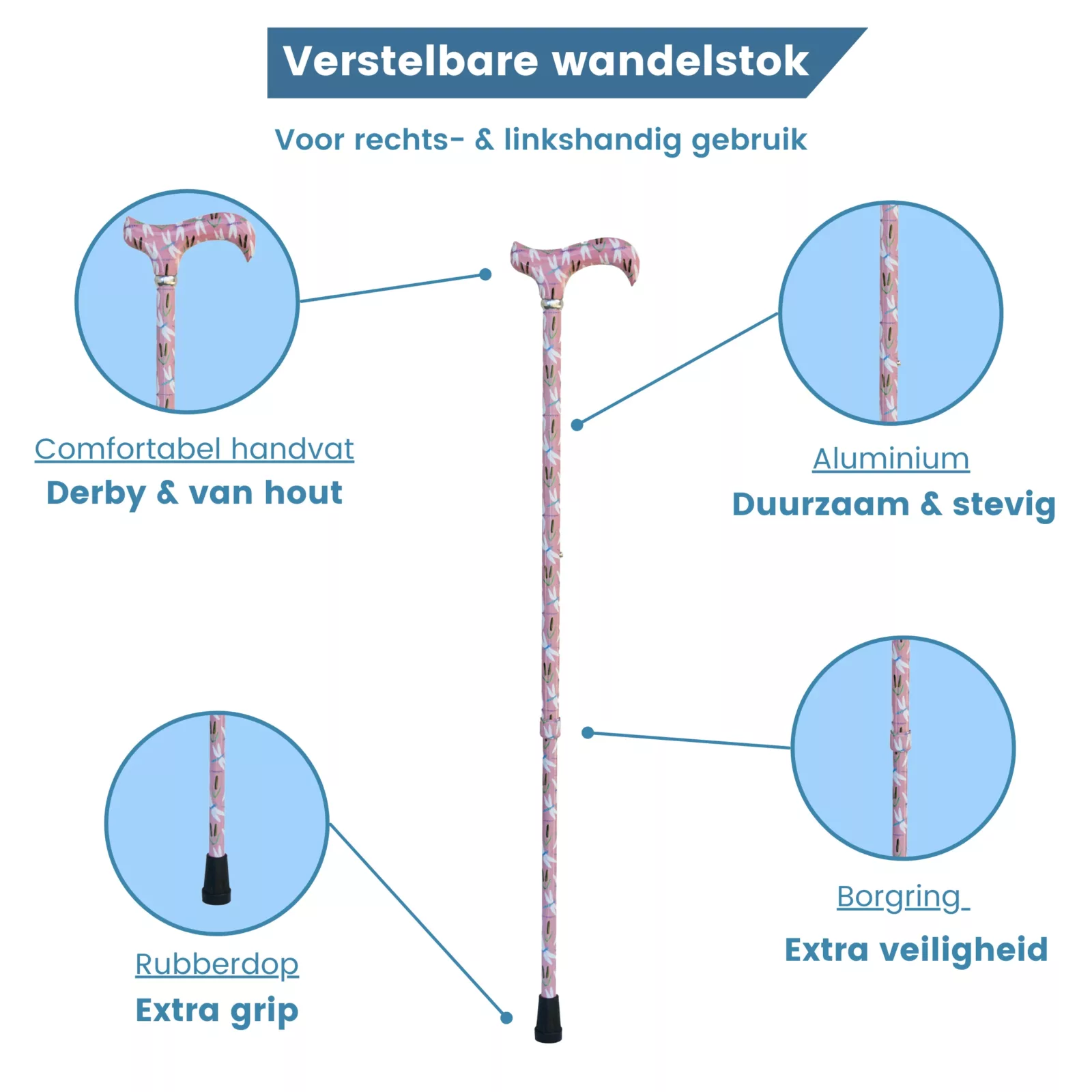 roze wandelstok met libelle