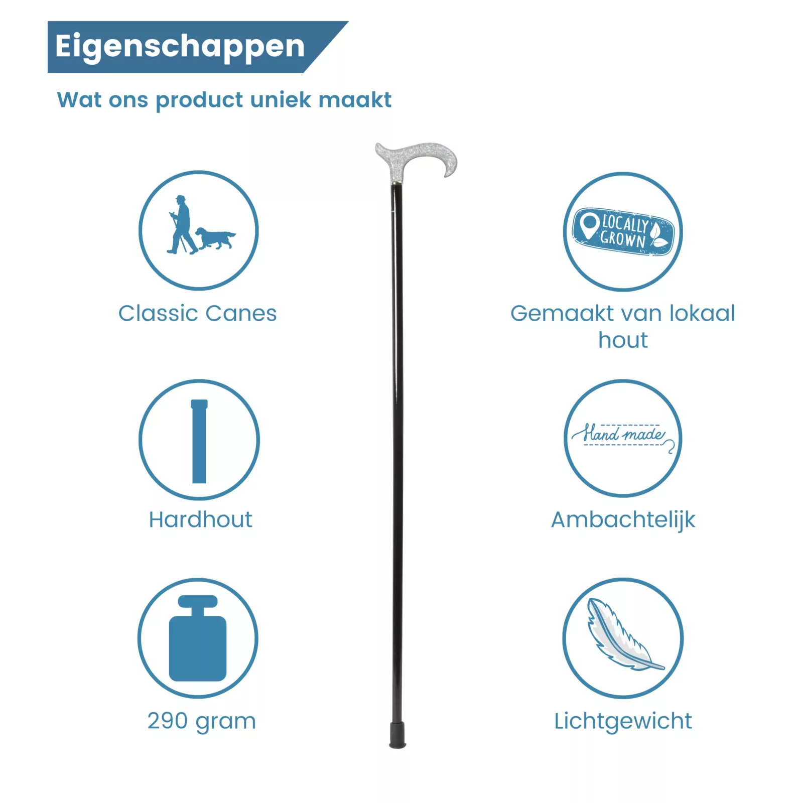 wandelstok acryl handvat zilver eigenschappen