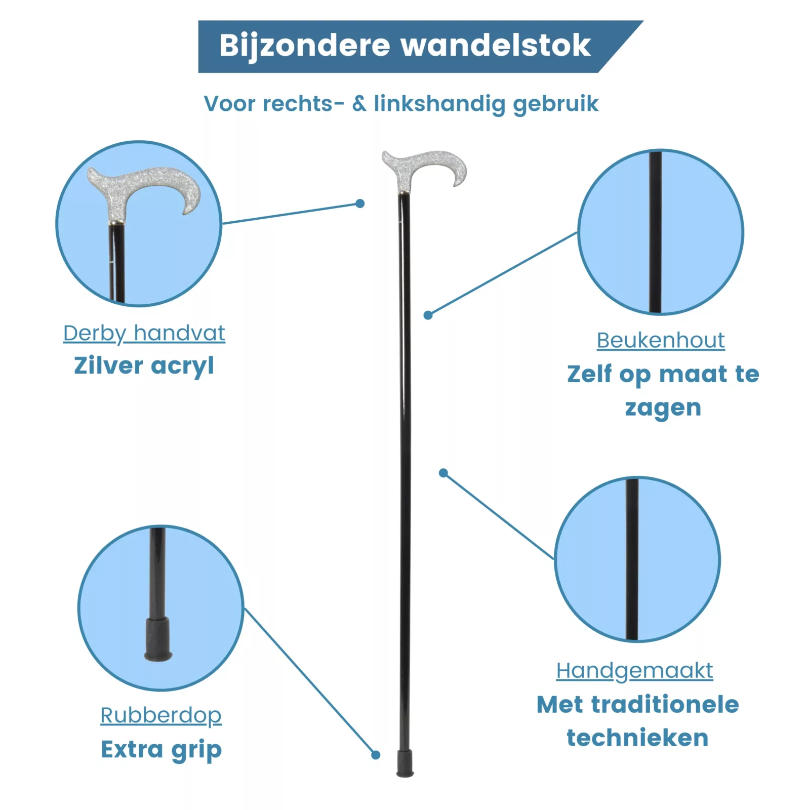wandelstok acryl handvat zilver usp