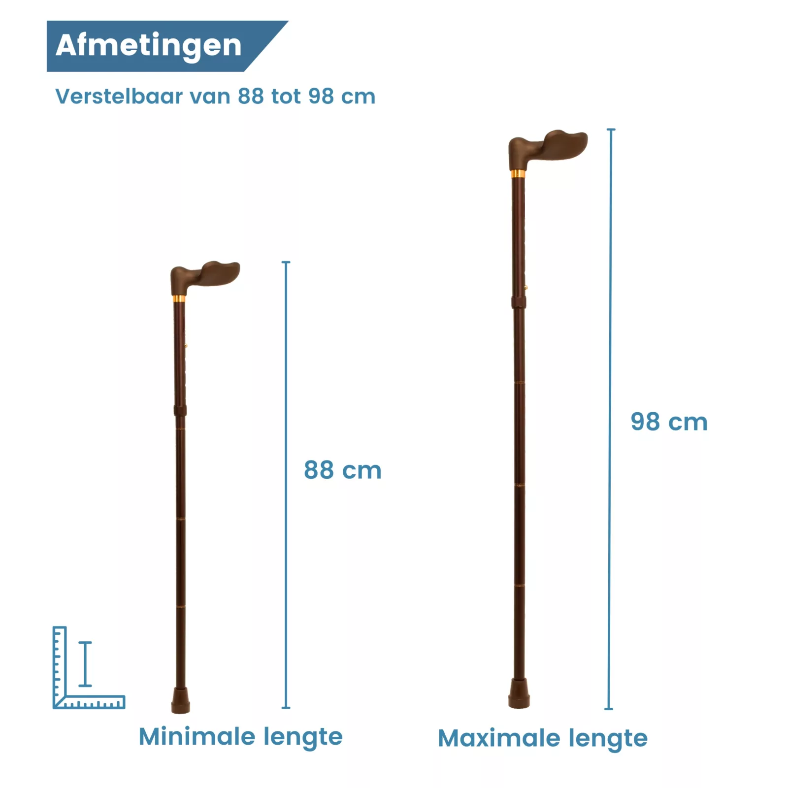 wandelstok ergonomisch opvouwbaar brons soft touch rechts afmetingen