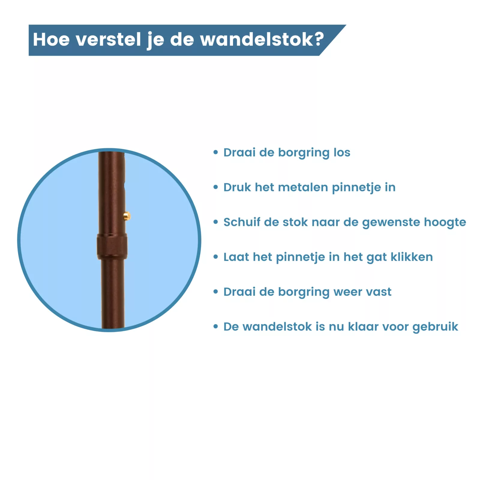 hoogte verstellen van anatomische wandelstok brons