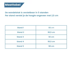 maattabel van wandelstok ergonomisch opvouwbaar brons rechts handvat