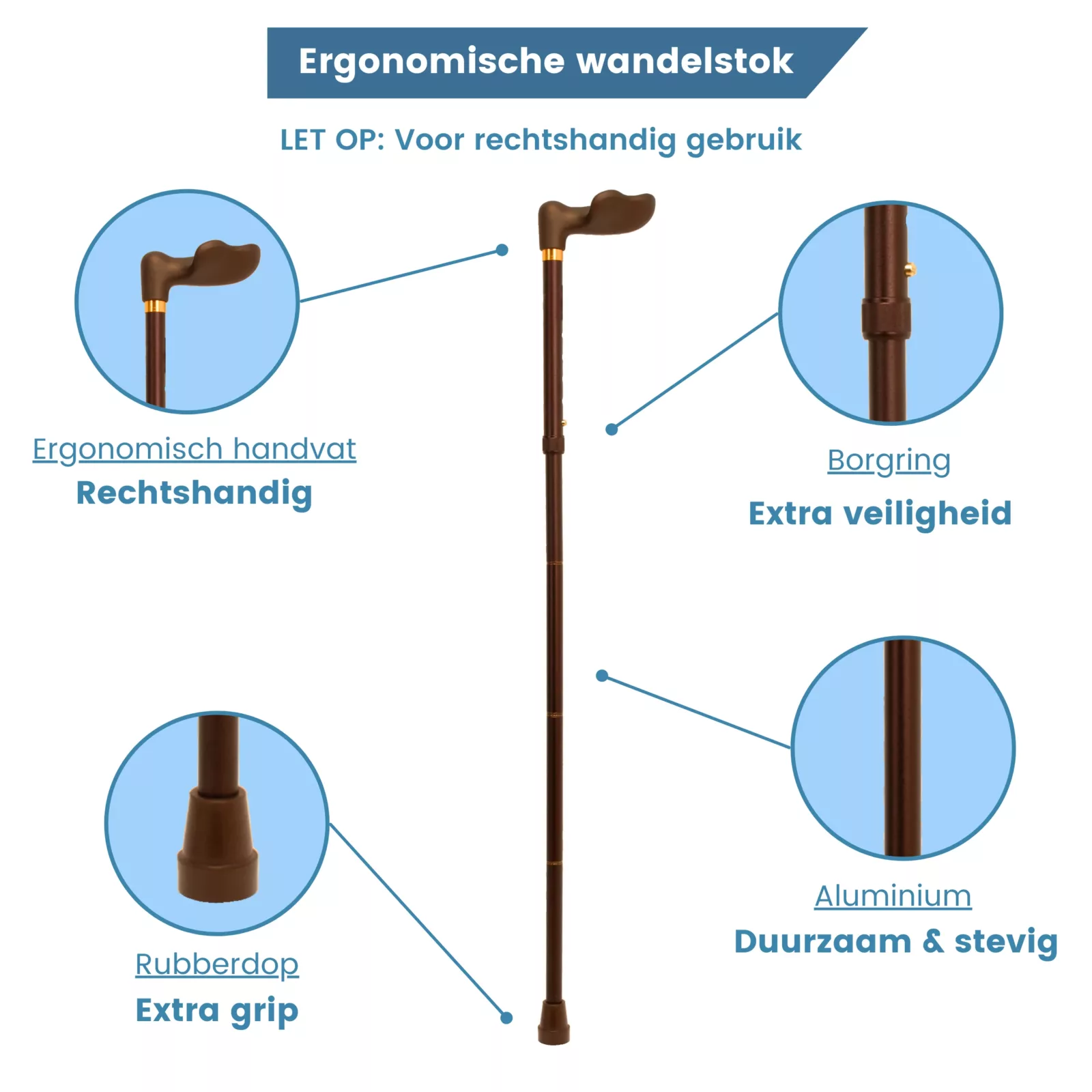 wandelstok ergonomisch opvouwbaar brons soft touch rechts