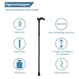 wandelstok ergonomisch opvouwbaar zwart relax grip rechts eigenschappen
