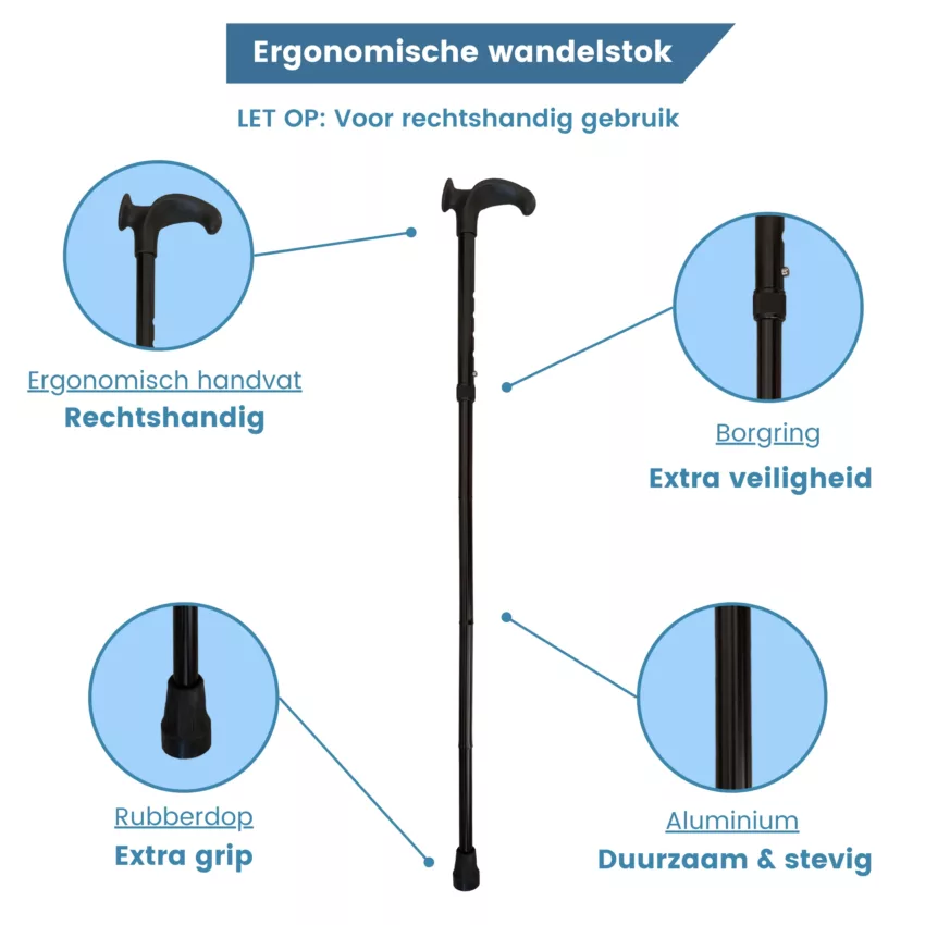 wandelstok ergonomisch opvouwbaar zwart relax grip rechts usp