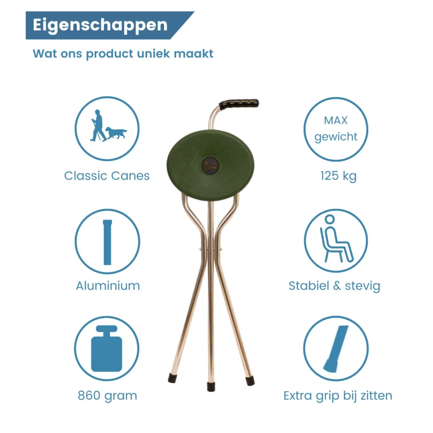 eigenschappen wandelstok met zitje