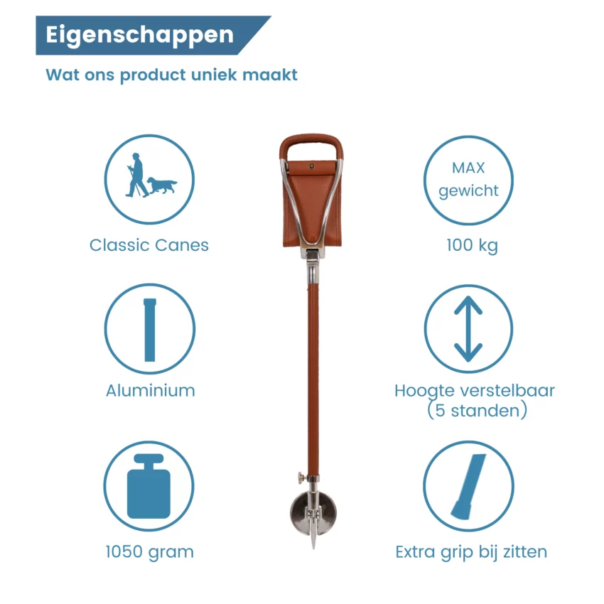 eigenschappen loophoogte zitstok met leer