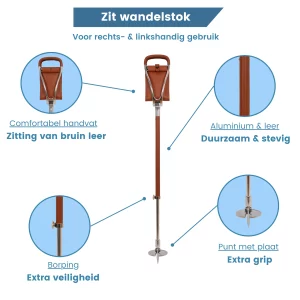 usp wandelstok met zitje swivel bruin leer