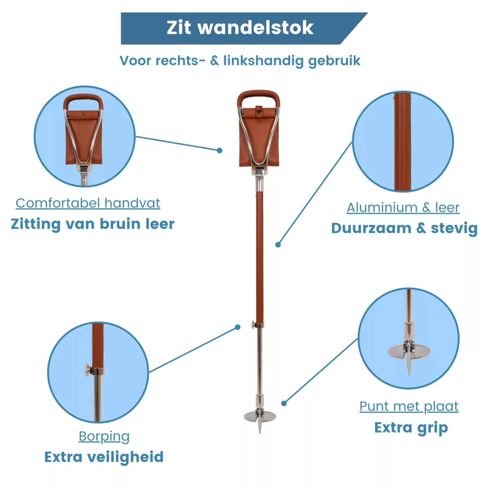 usp wandelstok met zitje swivel bruin leer