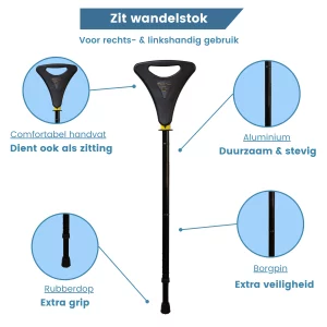eigenschappen zithoogte wandelstok met zitje walker zwart