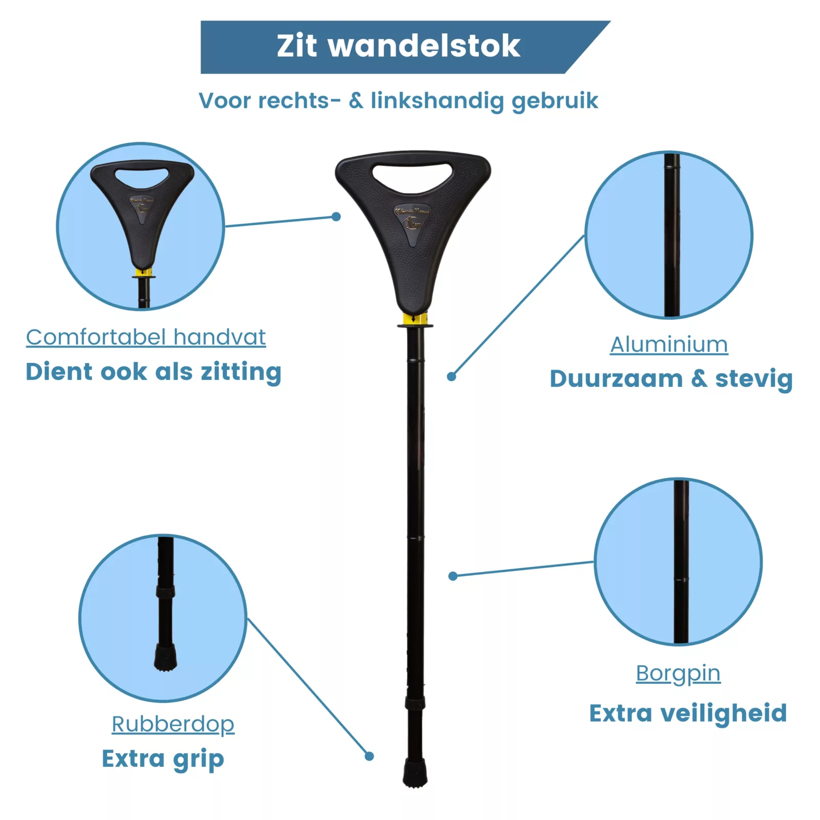 eigenschappen zithoogte wandelstok met zitje walker zwart