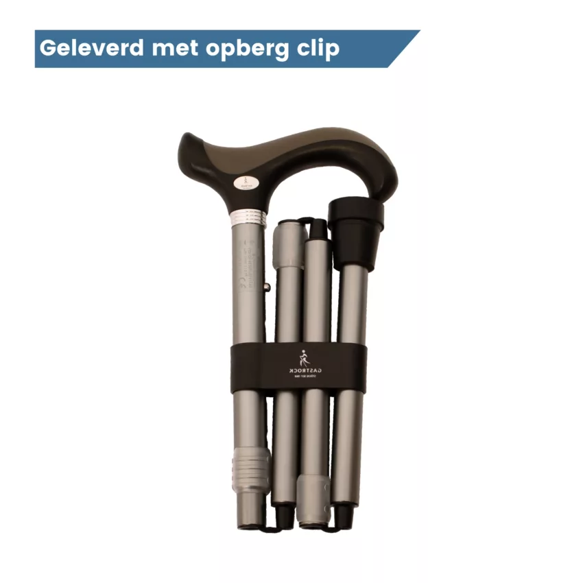 opgevouwen wandelstok zilver met clip