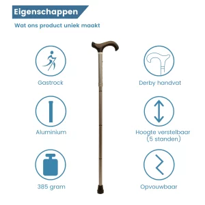 wandelstok opvouwbaar zilver zacht handvat eigenschappen