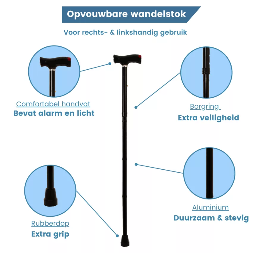 wandelstok opvouwbaar met alarm en licht usb