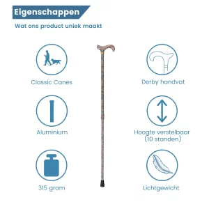 uitschuifbare wandelstok met bloemen wit