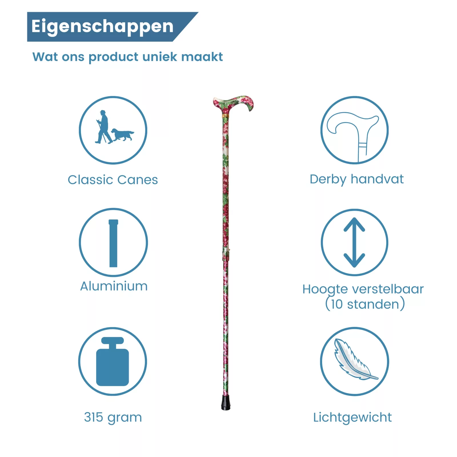 wandelstok uitschuifbaar wit eigenschappen