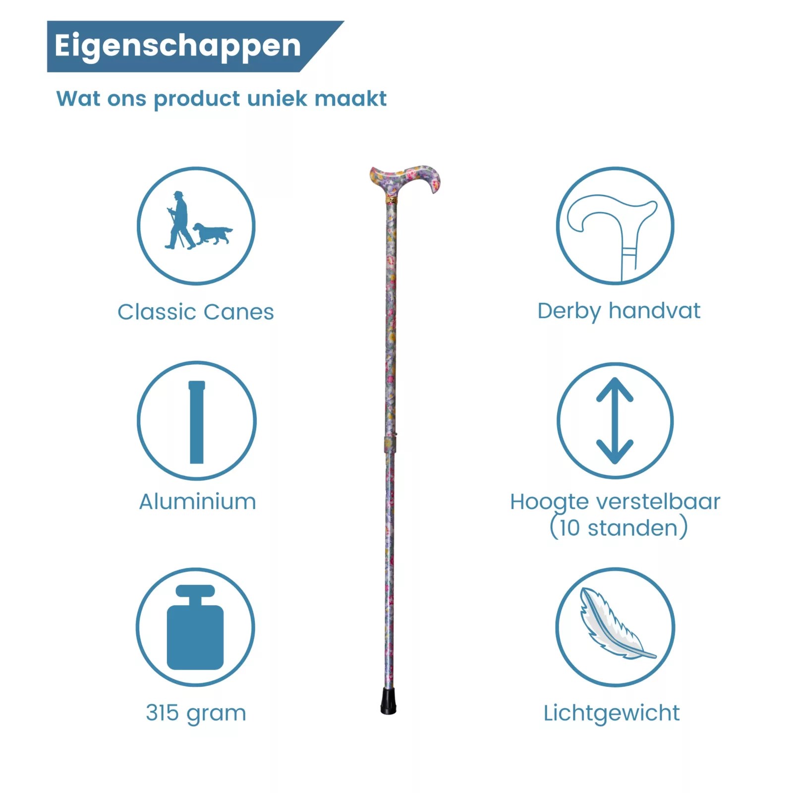 lavendel wandelstok verstelbaar eigenschappen