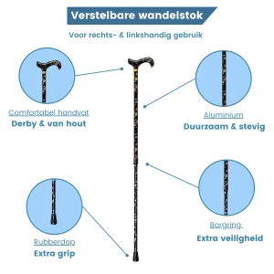 wandelstok verstelbaar zwart met bloemen eigenschappen
