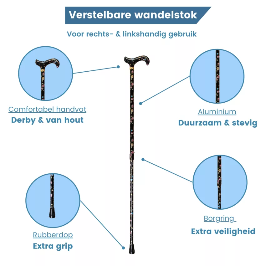 wandelstok verstelbaar zwart met bloemen eigenschappen