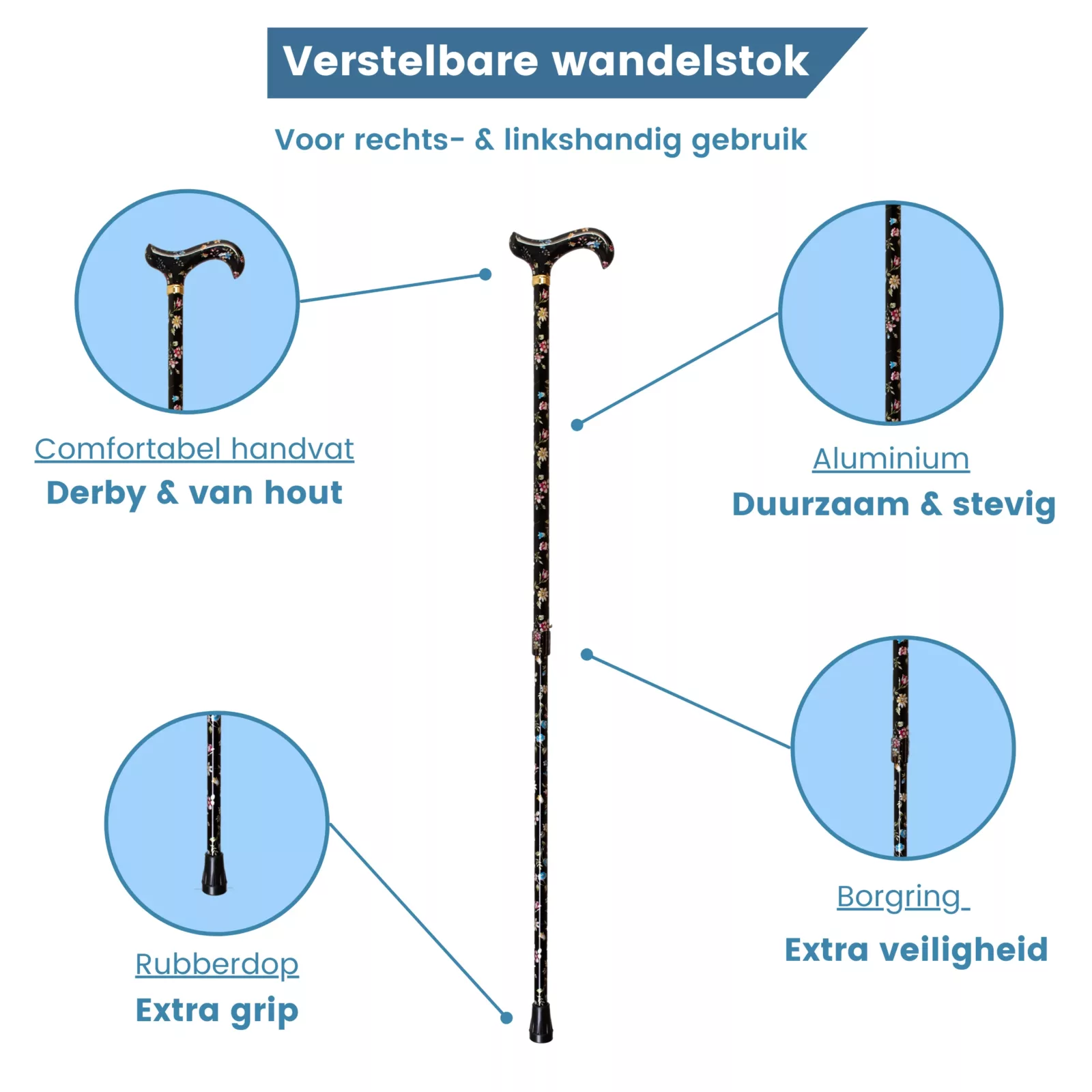 wandelstok verstelbaar zwart met bloemen eigenschappen