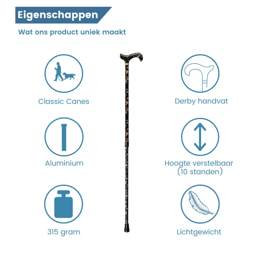 wandelstok verstelbaar zwart met bloemen