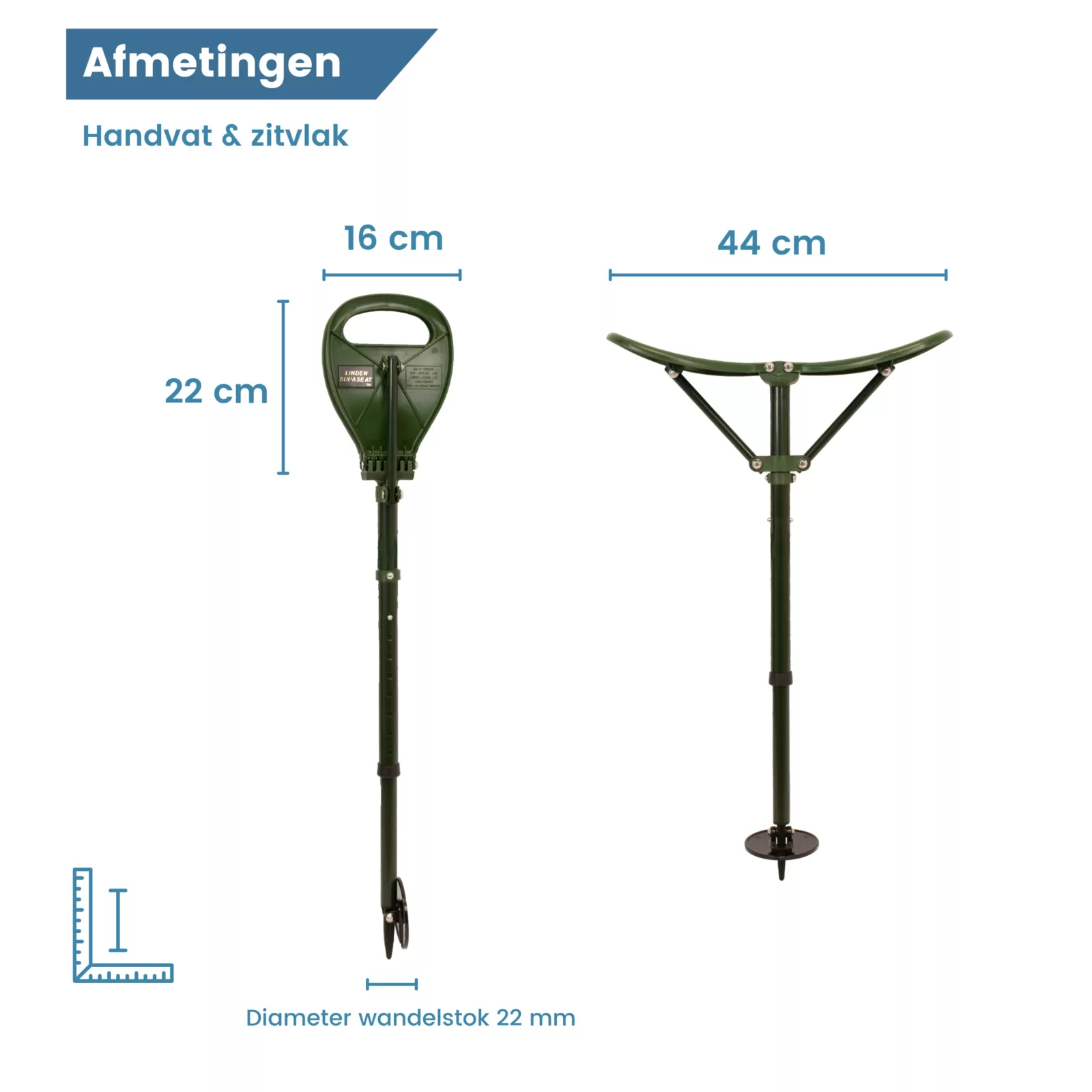 afmetingen aluminium wandelstok met zitje groen