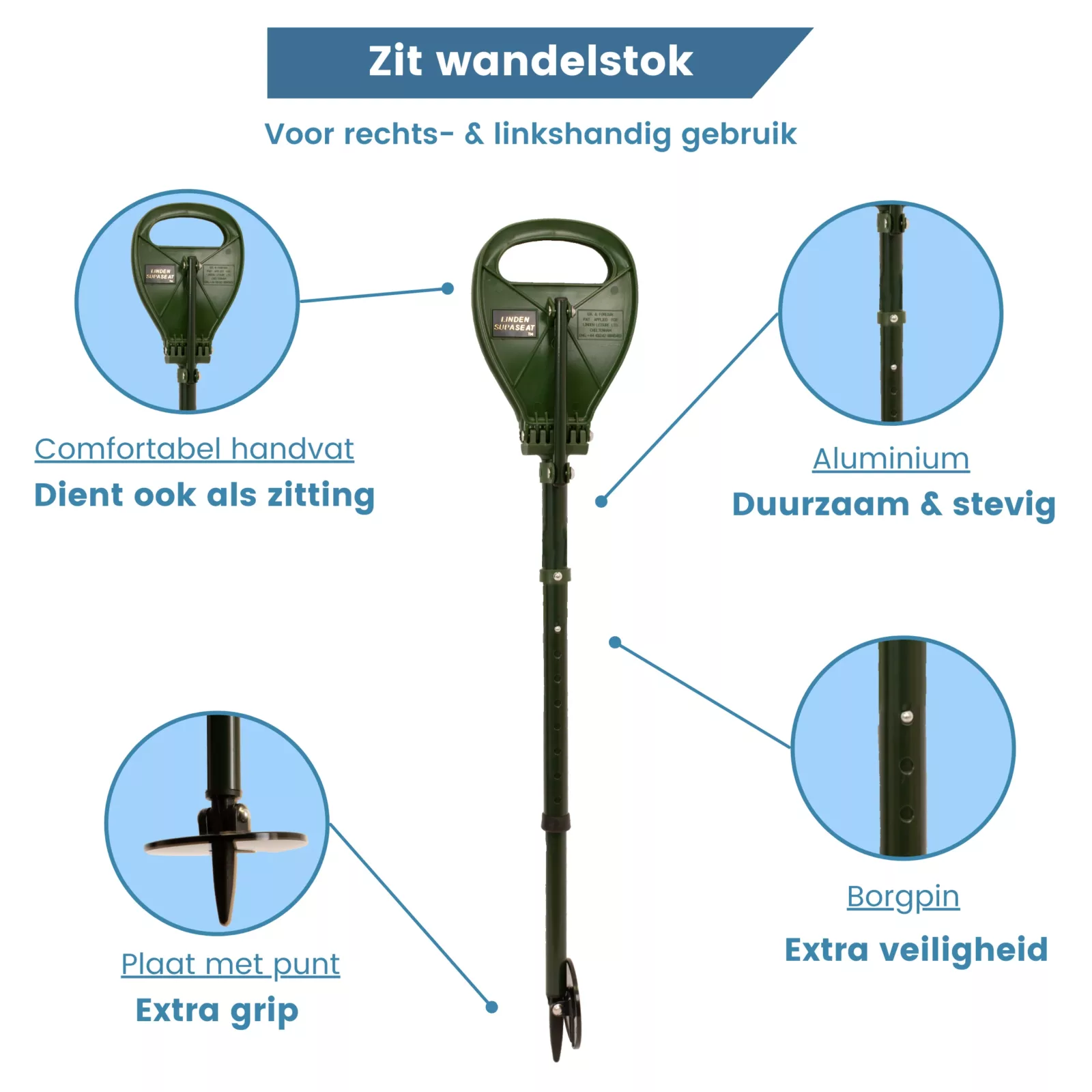 wandelstok met zitje explorer supaseat in het groen